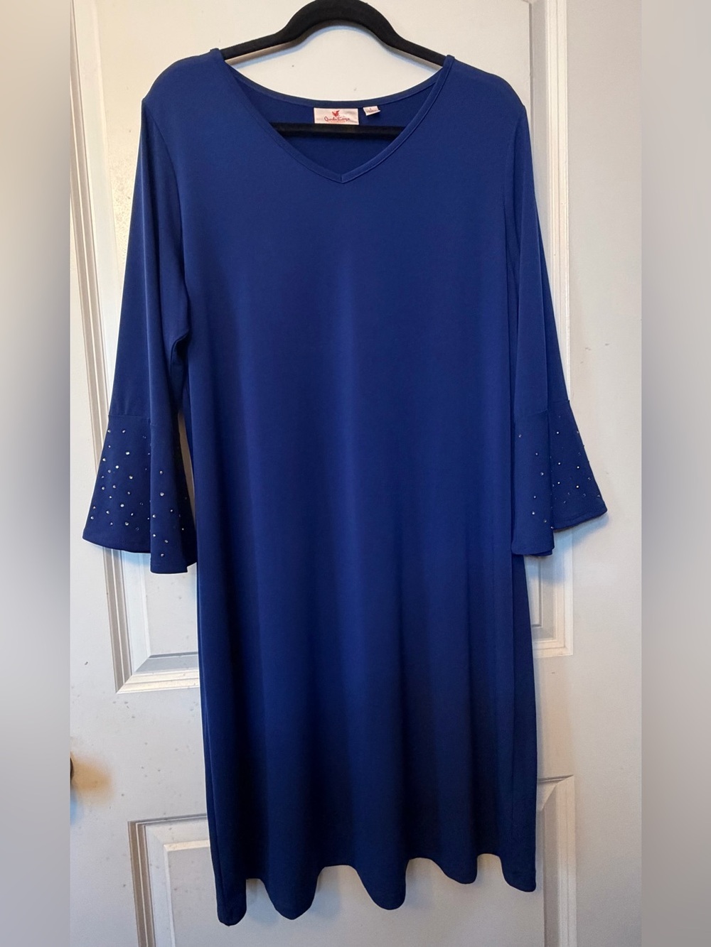 Quacker Factory Stretch Knit Dress with Rhinestone Bell Sleeves -Royal Blue - Picture 2 of 11